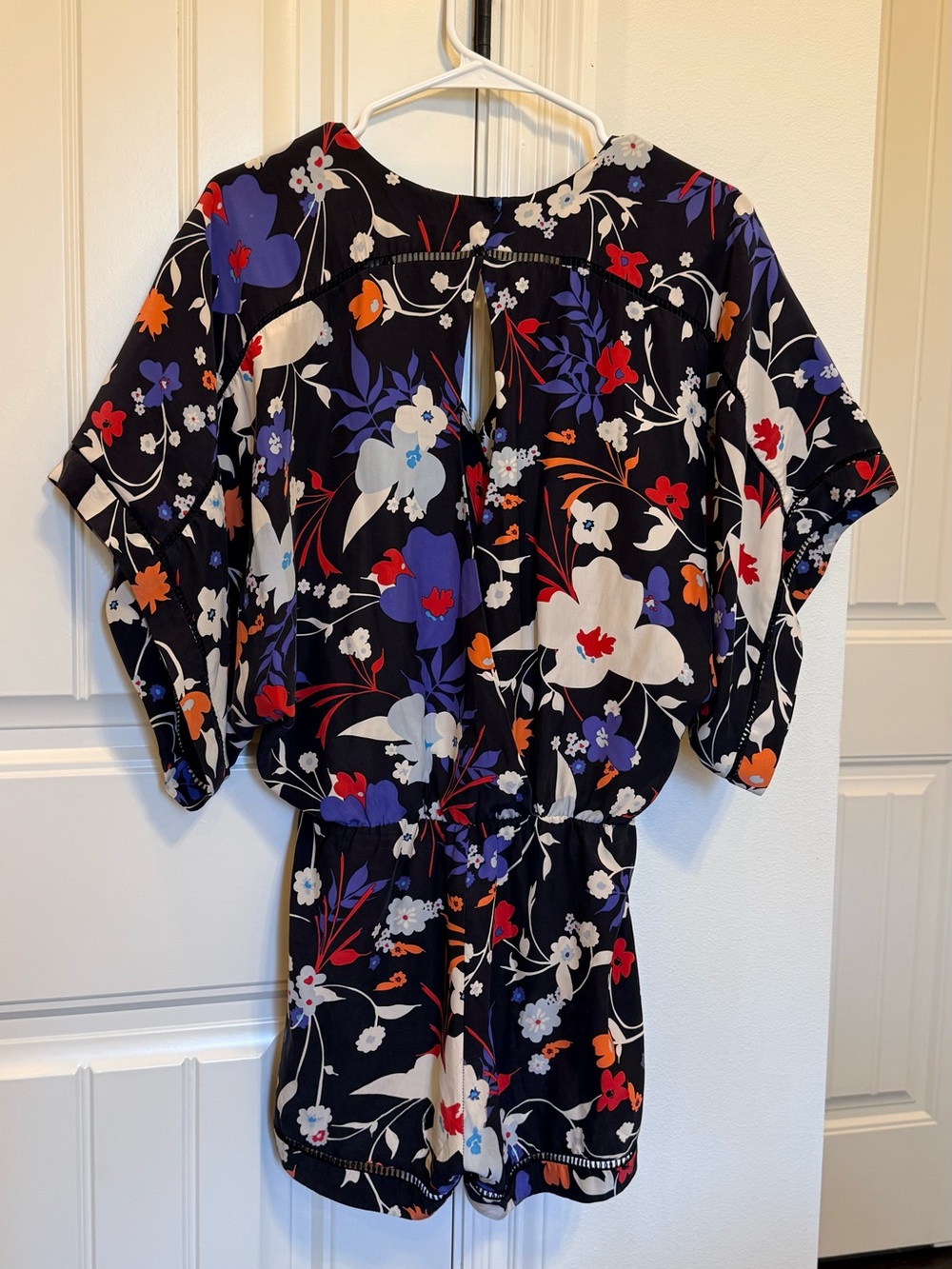 Parker Barry 100% Silk Black Floral V-Neck Romper with Blue, White & Red Accents - Picture 6 of 7